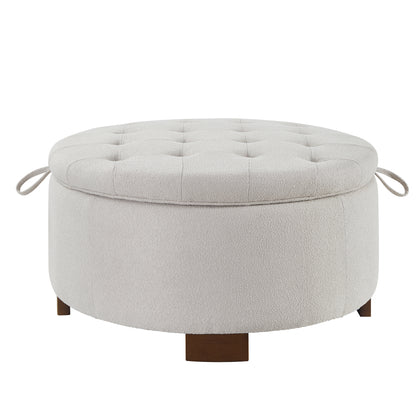 Round Storage Ottoman with Reversible Lid - Boucle Fabric Upholstered Footstool, Hidden Storage Compartment, Wooden Legs, Dual-Purpose Seat & Side Table for Living Room, Bedroom - BEIGE image 7
