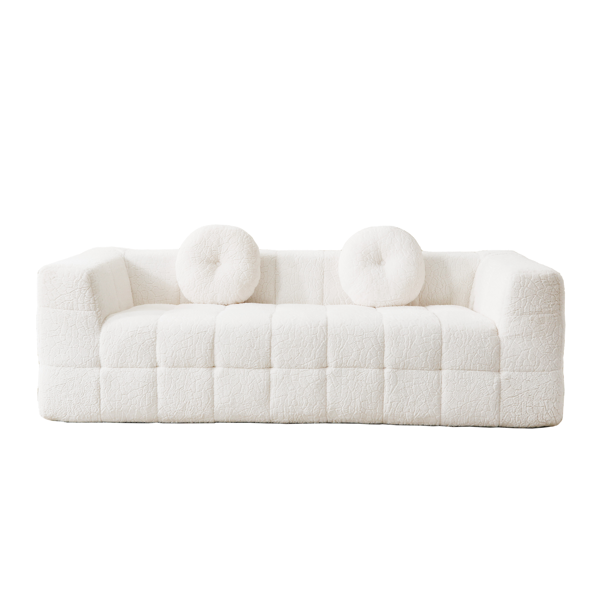 84.6-inch Modern Boneless Couch with Two Circular throw pillows,Skin-friendly lychee-textured long-pile polyester fabric,Checkered Fabric Design Three-Seater Foam Sofa image 7