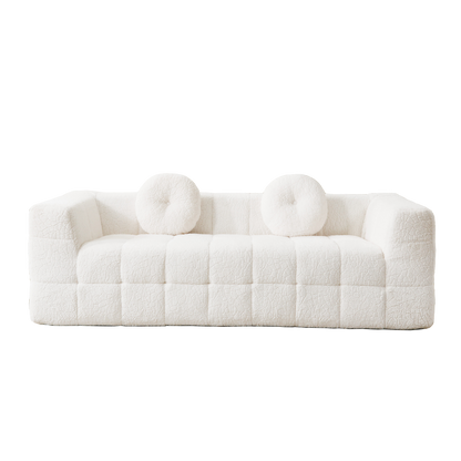 84.6-inch Modern Boneless Couch with Two Circular throw pillows,Skin-friendly lychee-textured long-pile polyester fabric,Checkered Fabric Design Three-Seater Foam Sofa image 7