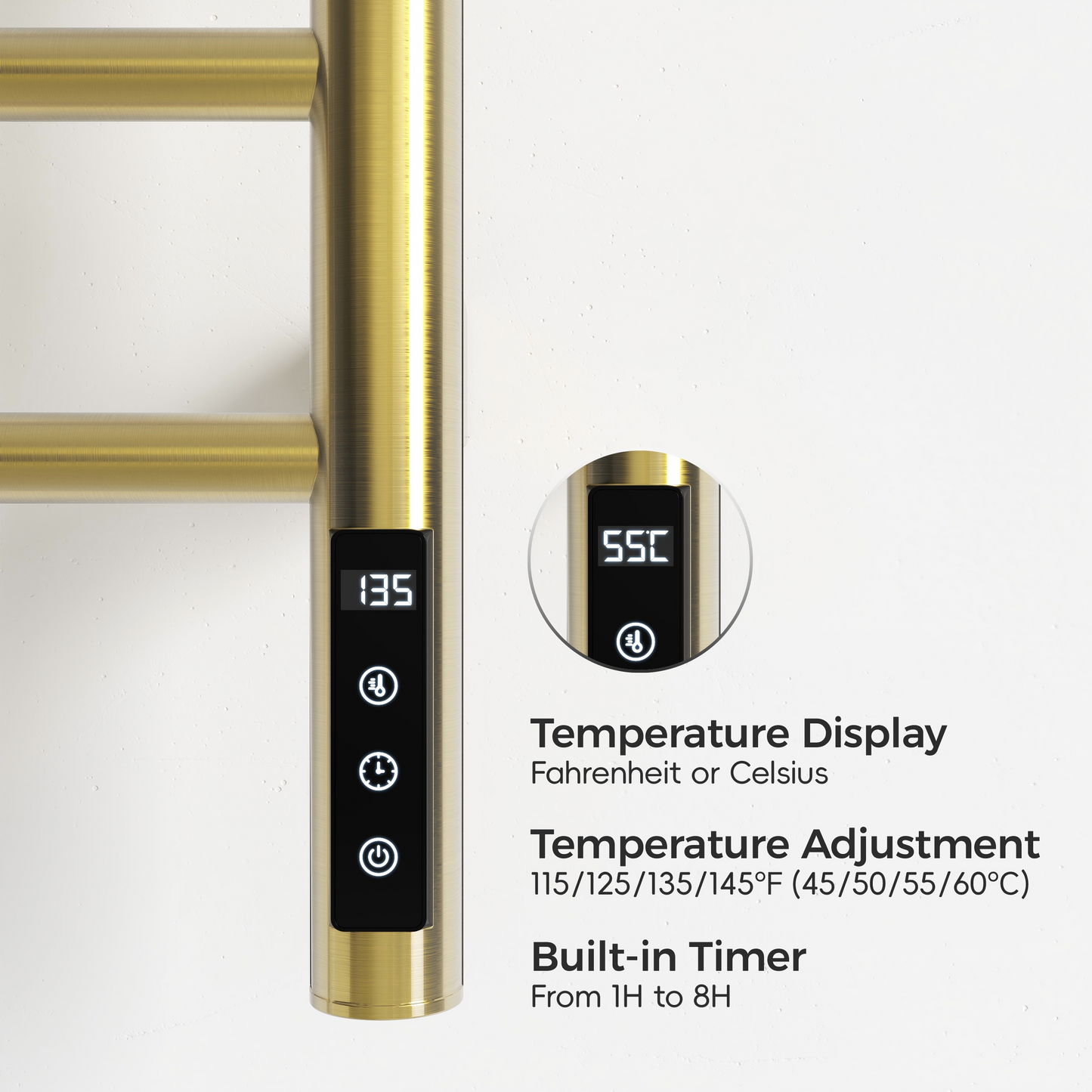 Brushed Gold Heated Towel Rack for Bathroom,Wall Mounted with Intelligent Touch Screen Timer, 9-Bar Towel Warmer, 304 Stainless Steel Polished, Plug-in/Hard-Wired image 7