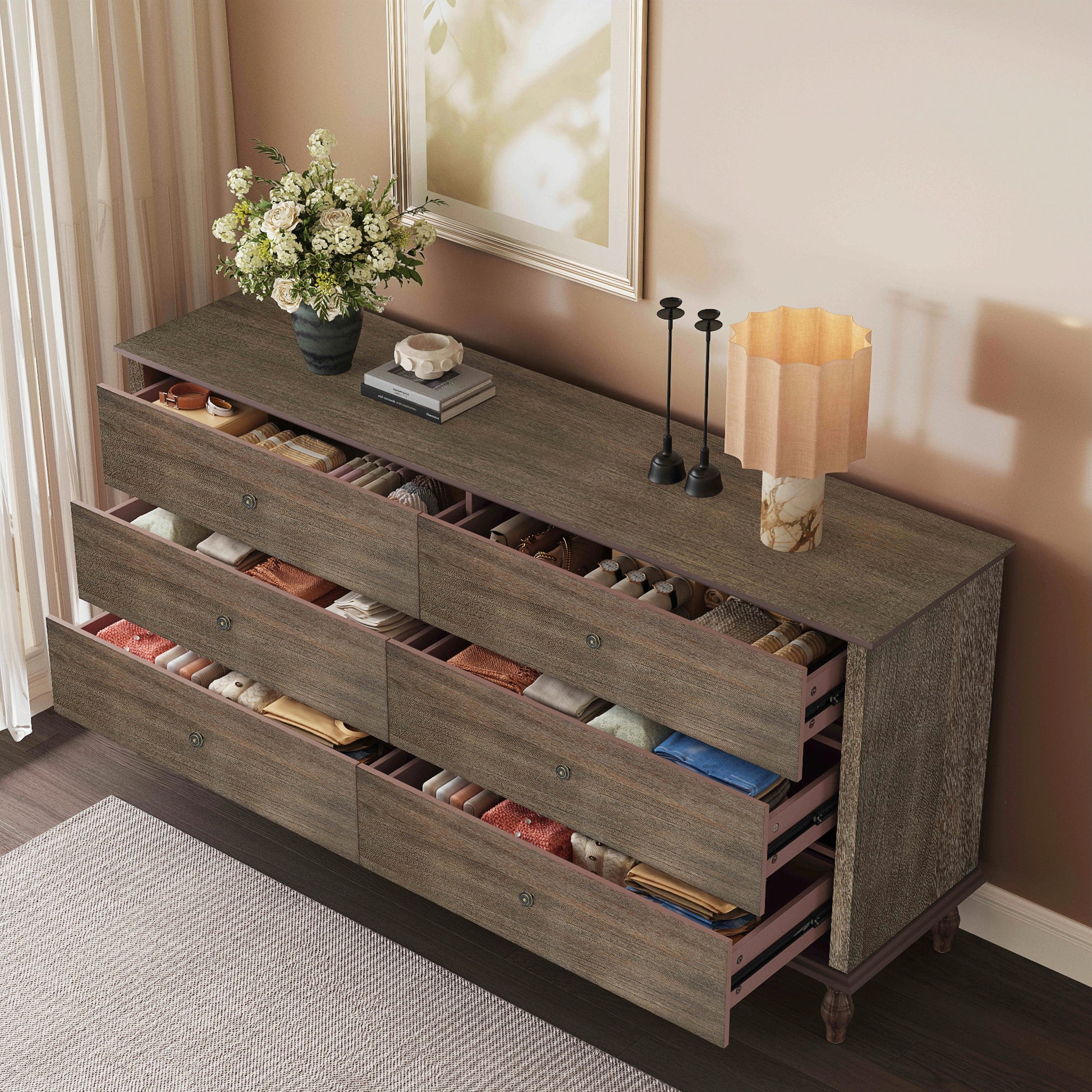 6-Drawer Double Wide Wood Dresser for Bedroom, Deep Brown Burnt Wood Finish Storage Chest with Self-Closing Slides, Metal Copper Handles, Solid Wood Roman Column Legs, Anti-Tip Kit Included image 3