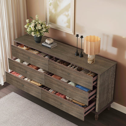 6-Drawer Double Wide Wood Dresser for Bedroom, Deep Brown Burnt Wood Finish Storage Chest with Self-Closing Slides, Metal Copper Handles, Solid Wood Roman Column Legs, Anti-Tip Kit Included image 3