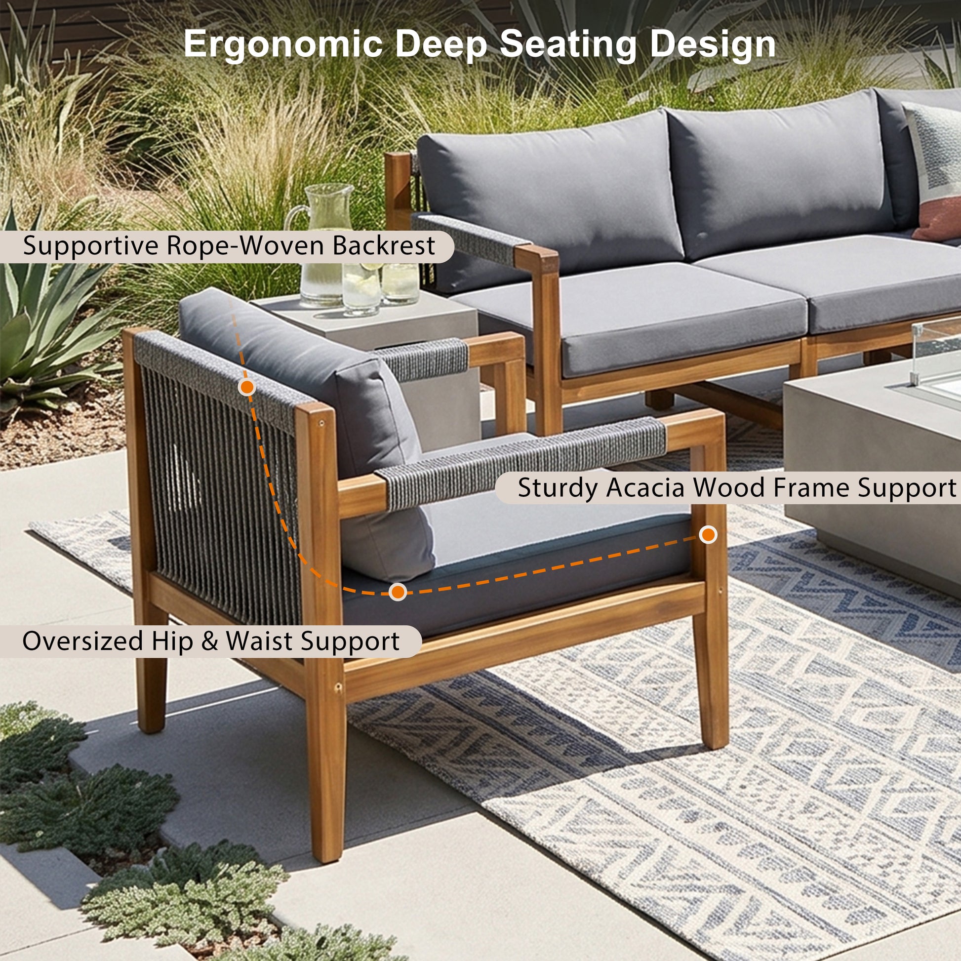 3 Pieces Outdoor Sectional Sofa Set, Rope Woven Patio Conversation Set with Solid Acacia Wood Frame, Water-Resistant Removable Cushions for Backyard, Deck and Poolside, Grey image 9
