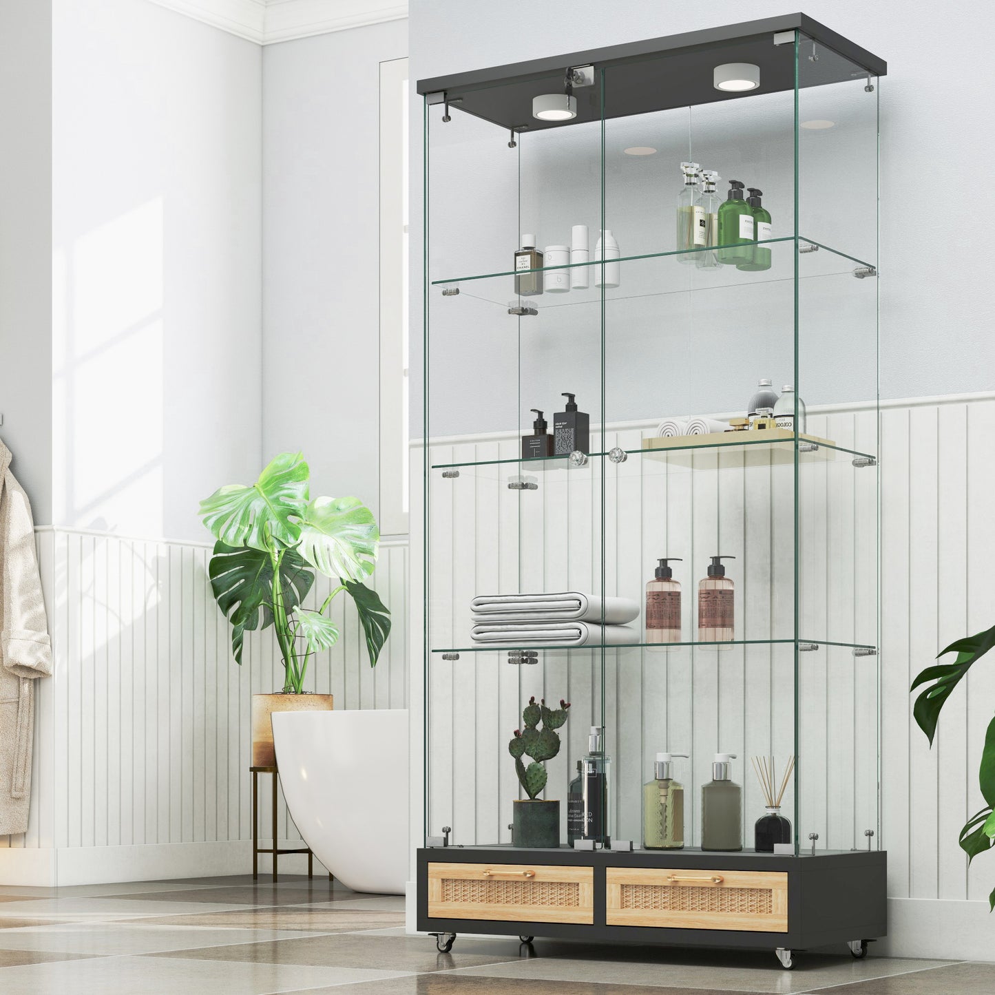Modern Glass Display Cabinet with Large Drawers,Quick-assembly Antique Cabinet with LED lights,Tempered Glass Bookshelf,2-Door Storage Case with 4 Shelves for Living Room and Bedroom,black and natural image 1