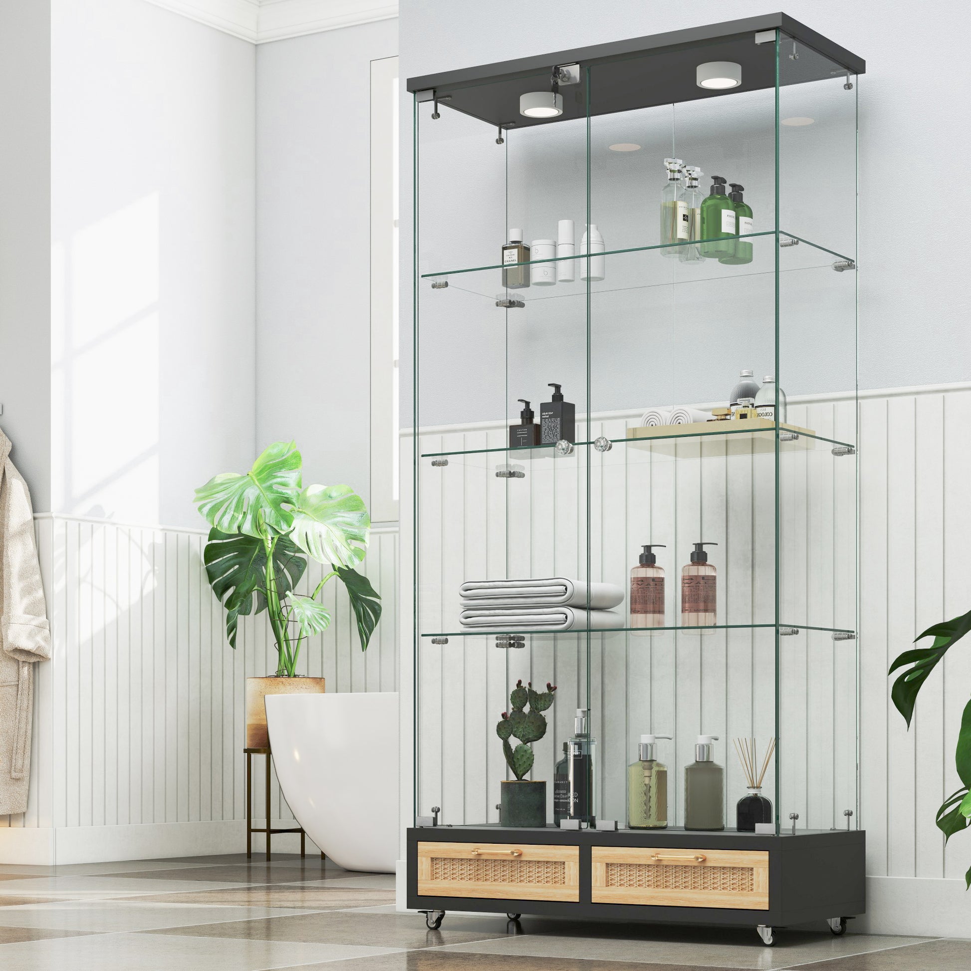 Modern Glass Display Cabinet with Large Drawers,Quick-assembly Antique Cabinet with LED lights,Tempered Glass Bookshelf,2-Door Storage Case with 4 Shelves for Living Room and Bedroom,black and natural image 1