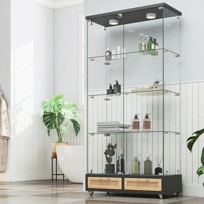 Modern Glass Display Cabinet with Large Drawers,Quick-assembly Antique Cabinet with LED lights,Tempered Glass Bookshelf,2-Door Storage Case with 4 Shelves for Living Room and Bedroom,black and natural image 1