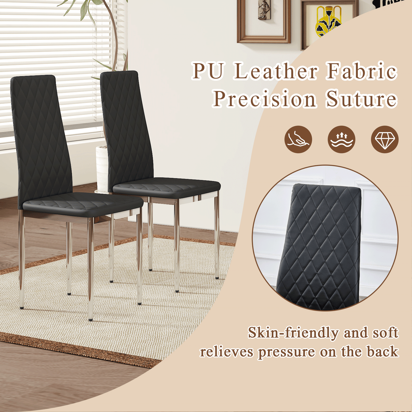 Modern Style Dining Chairs Set of 6 in Black, Essential for Minimalist Homes.Meeting Family Dining Needs,PU Material Seat,Silver Metal Legs,Blending into Various Home Environments.W1151107275 image 3