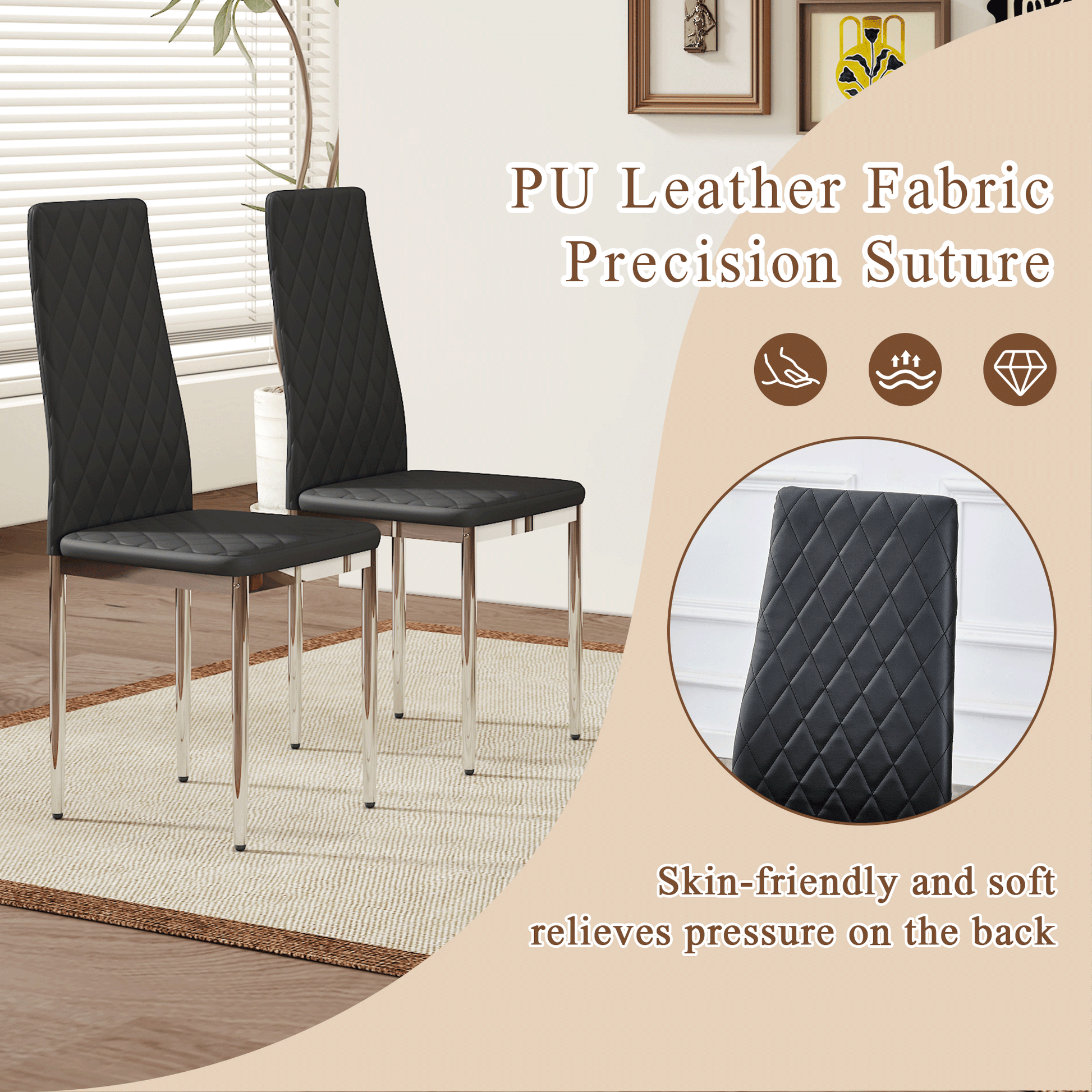 Modern Style Dining Chairs Set of 4 in Black, Essential for Minimalist Homes.Meeting Family Dining Needs,PU Material Seat,Silver Metal Legs,Blending into Various Home Environments.W1151107272 image 6