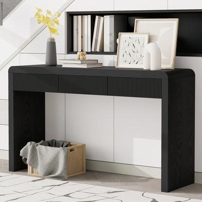 TREXM Rustic Console Table with 3 Fluted Drawers - Solid Wood Veneer Entryway Table Featuring Natural Wood Grain for Living Room, Hallway (Black) image 1
