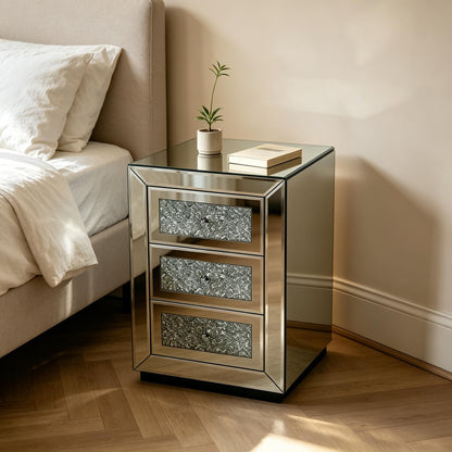 Mirrored Nightstand 3 Drawer, Silver Mirror Finish Bedroom Side Table with Crystal Handles for Living Room, Apartment, Office. Silver. image 9