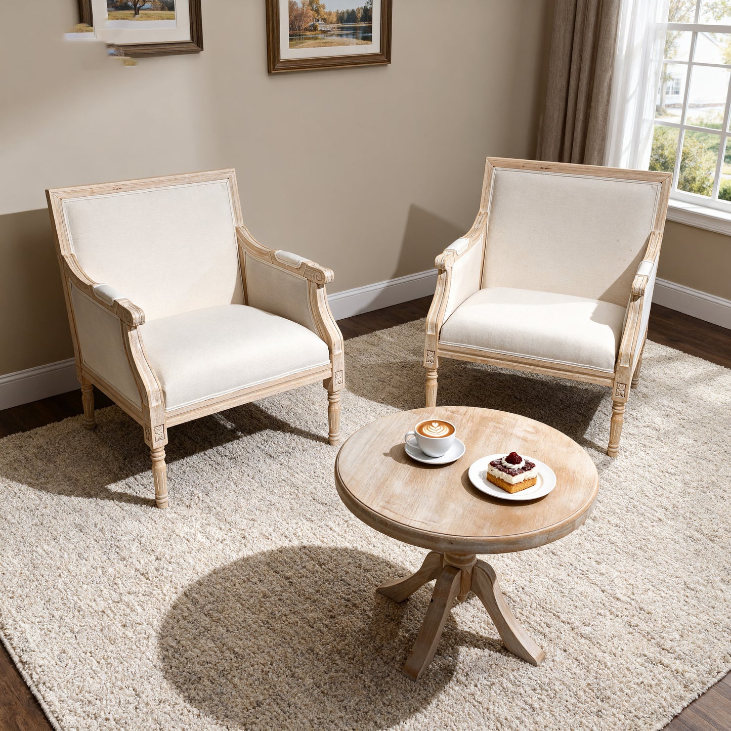 French Accent Chair Traditional Wood Frame Linen Upholstery Distressed Finish Home Decor, Single image 6