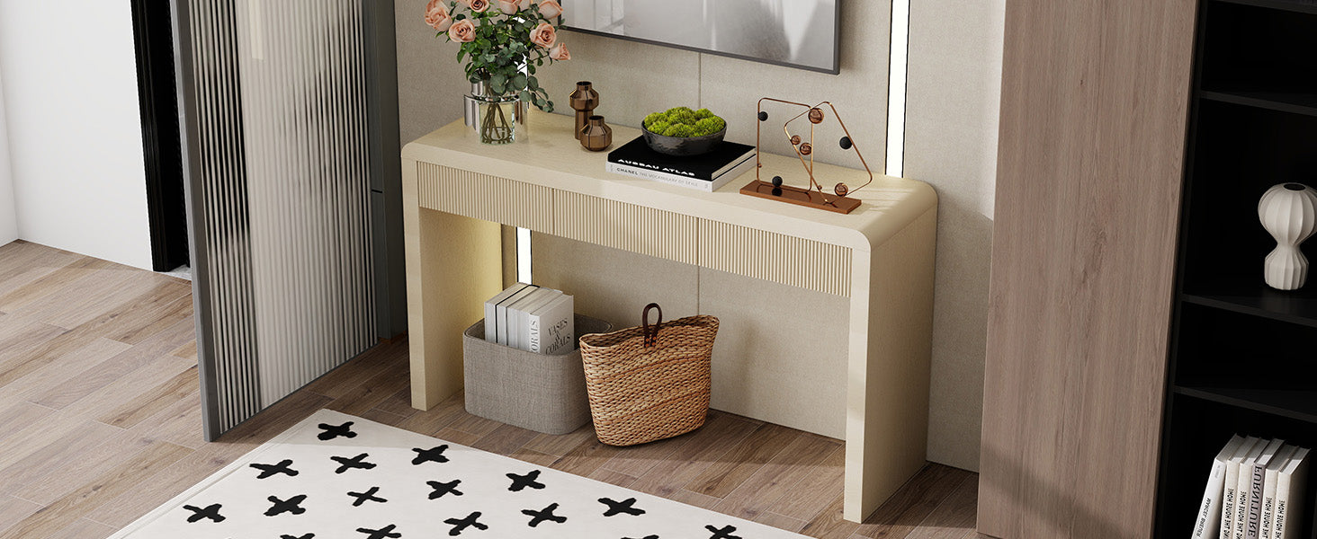 TREXM Rustic Console Table with 3 Fluted Drawers - Solid Wood Veneer Entryway Table Featuring Natural Wood Grain for Living Room, Hallway (Apricot) image 12