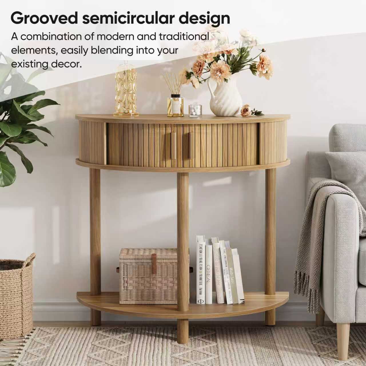 31.5-Inch Grooved Half-Moon Console Table, Farmhouse Sofa Table Behind Couch, Modern Entryway Table, Decorative Table for Living Room, Hallway, Entryway or Foyer Narrow Entry, Walnut image 9