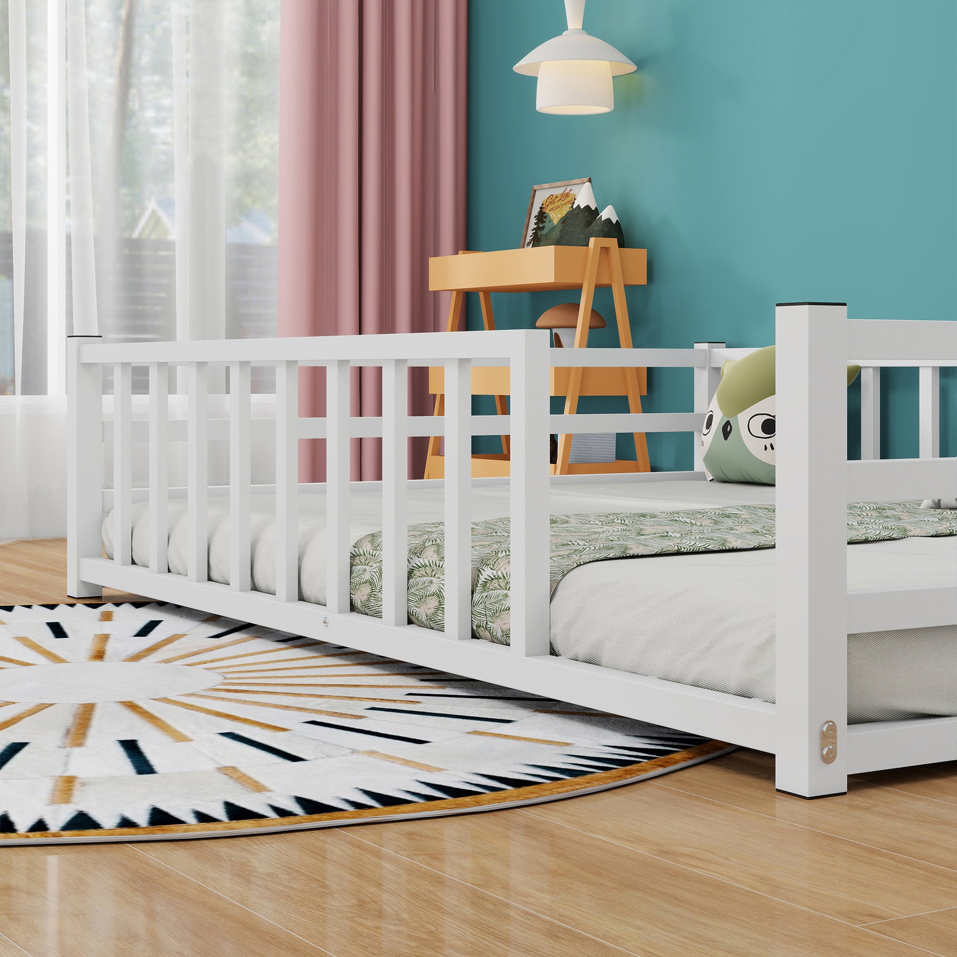 Full Size Floor Bed, Low Profile Metal Platform with Heavy Duty Guardrails, No Box Spring Needed, White image 5