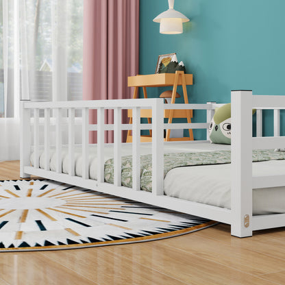 Full Size Floor Bed, Low Profile Metal Platform with Heavy Duty Guardrails, No Box Spring Needed, White image 5