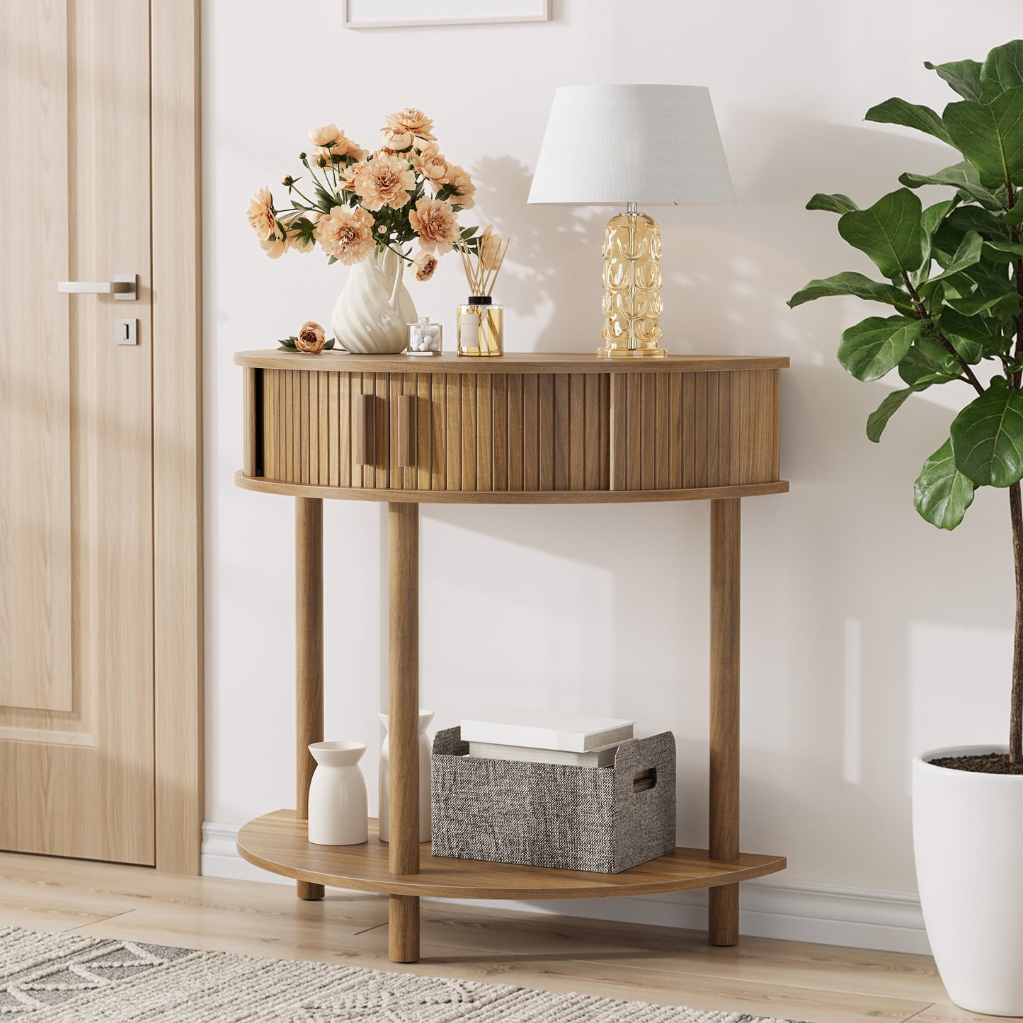 31.5-Inch Grooved Half-Moon Console Table, Farmhouse Sofa Table Behind Couch, Modern Entryway Table, Decorative Table for Living Room, Hallway, Entryway or Foyer Narrow Entry, Walnut image 8