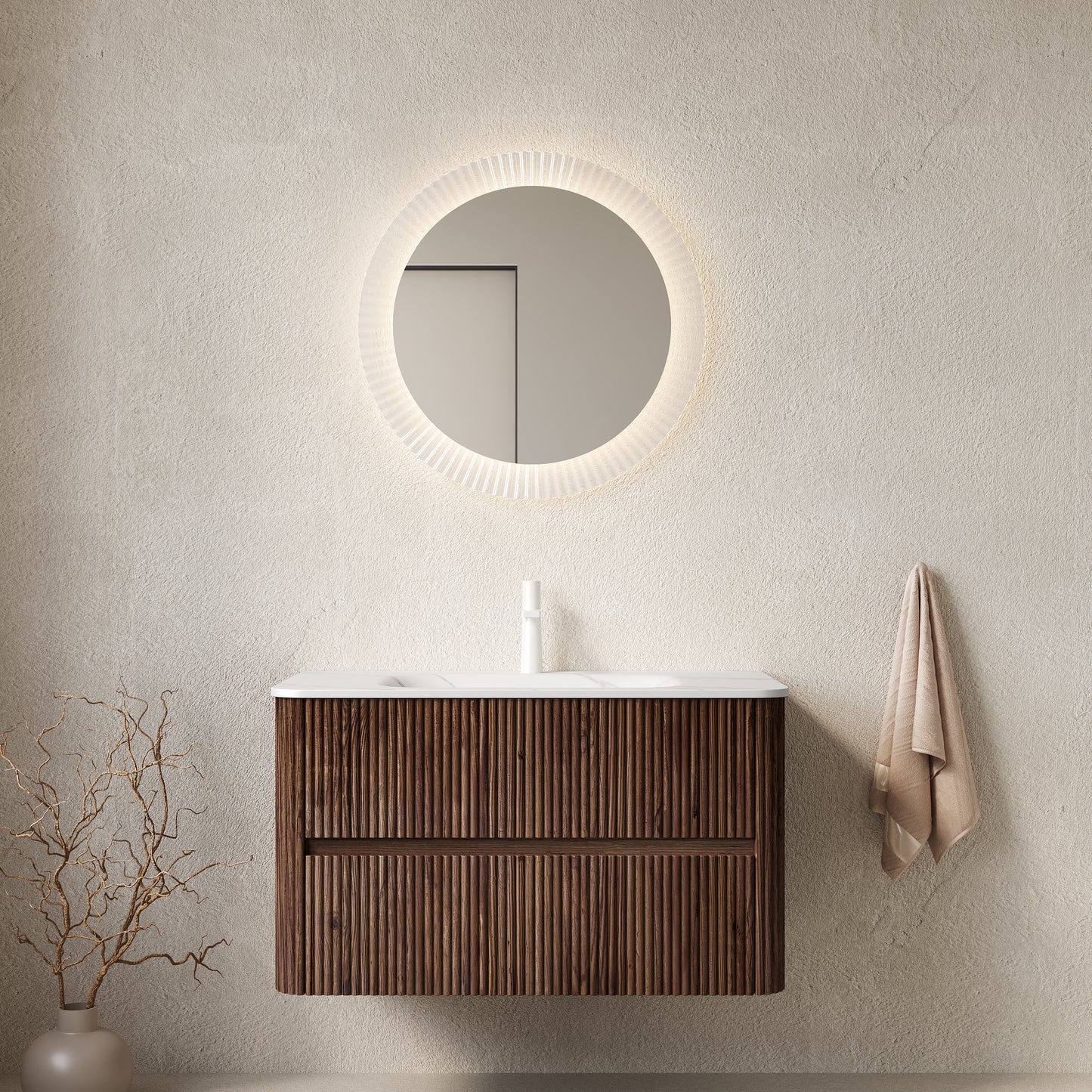 NOOR 36" Bathroom Vanity&Sink, Floating Stripe Plywood Storage Cabinet with 2 Drawers, Carrara White Sintered Stone Hot-bent Integrated Rectangle Basin, Pre-assembled, Retro Walnut Woodgrain Color image 1