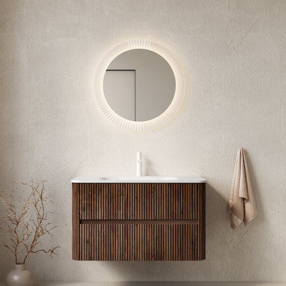 NOOR 36" Bathroom Vanity&Sink, Floating Stripe Plywood Storage Cabinet with 2 Drawers, Carrara White Sintered Stone Hot-bent Integrated Rectangle Basin, Pre-assembled, Retro Walnut Woodgrain Color image 1