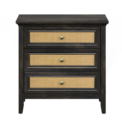 3 Drawer Dresser Rattan Dresser Wood Chest of Drawers Farmhouse Closet Dressers Modern Bedside Table Rustic Nightstand Storage Cabinet for Bedroom, Hallway, Living Room, Dark Rustic Oak image 9