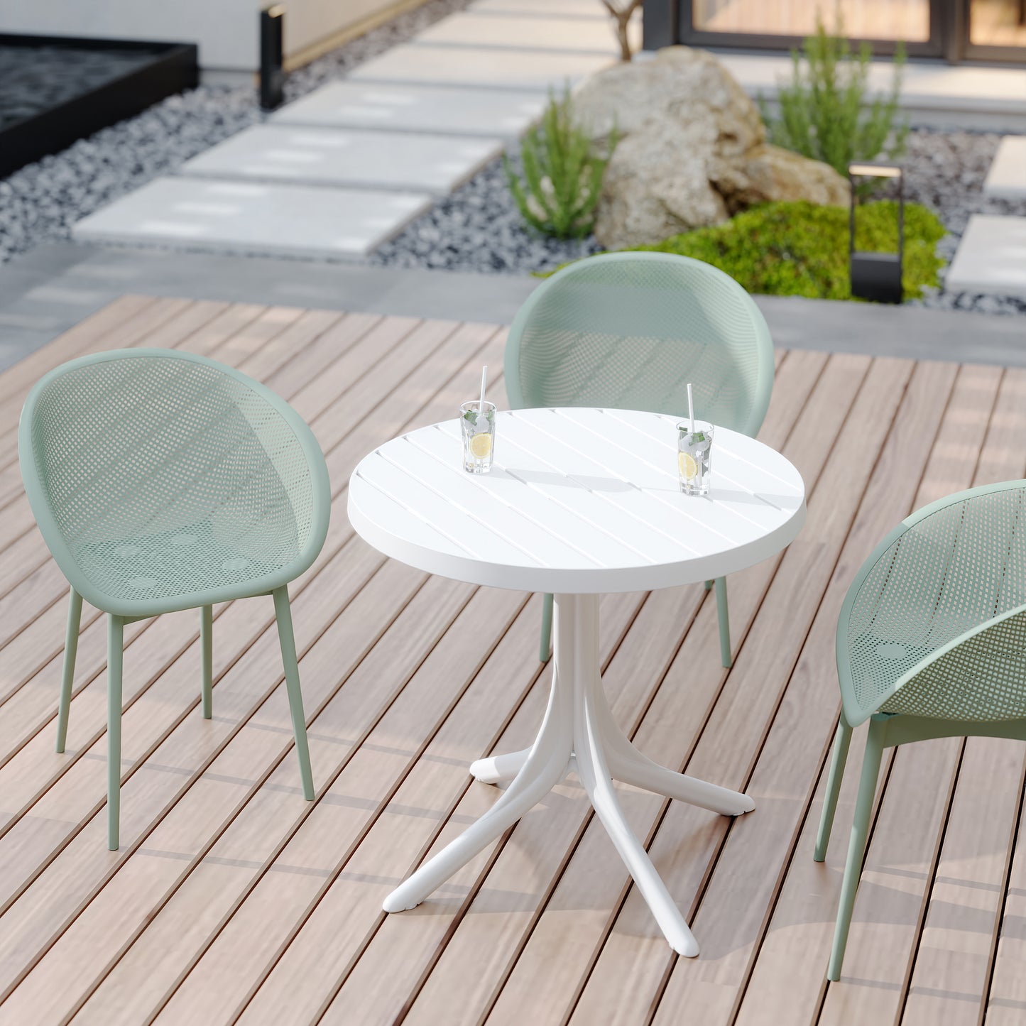 Summer - 2-Pack Pale Green Modern Lounge Chairs – Indoor/Outdoor All-Weather PP Plastic with 36 Inch Indoor/Outdoor Modern White Round PP Table image 4