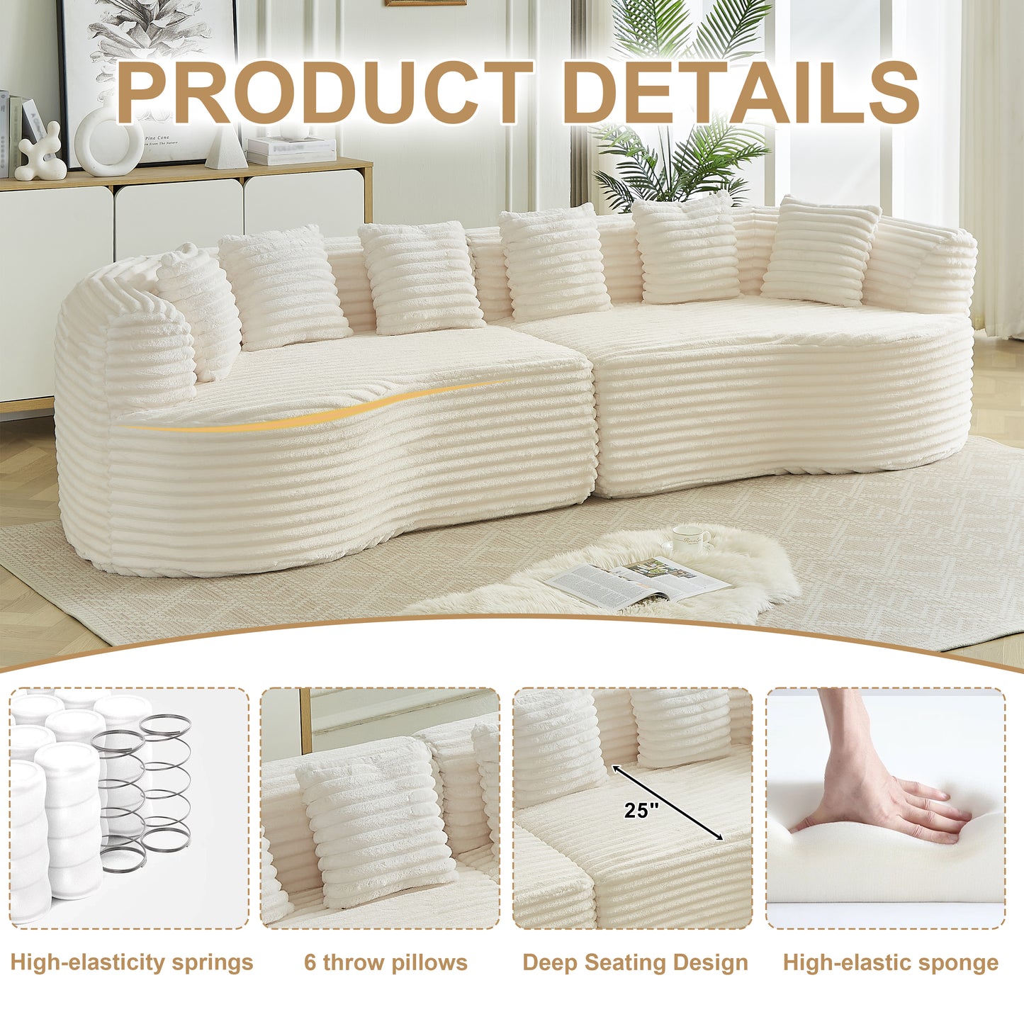 Curved Sectional Sofa, 111.5-inch Oversized Modern Bone-Free Cloud Sofa with 6 Pillows Luxury Corduroy Four-Seater Memory Foam Sofa with Deep Seat Design,beige W3505P355585 image 5