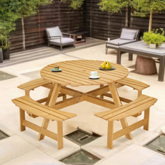 8-Person Outdoor Round Picnic Table Set with 4 Built-in Benches & Umbrella Hole - Perfect for Garden, Backyard, Porch & Patio - Natural Wood