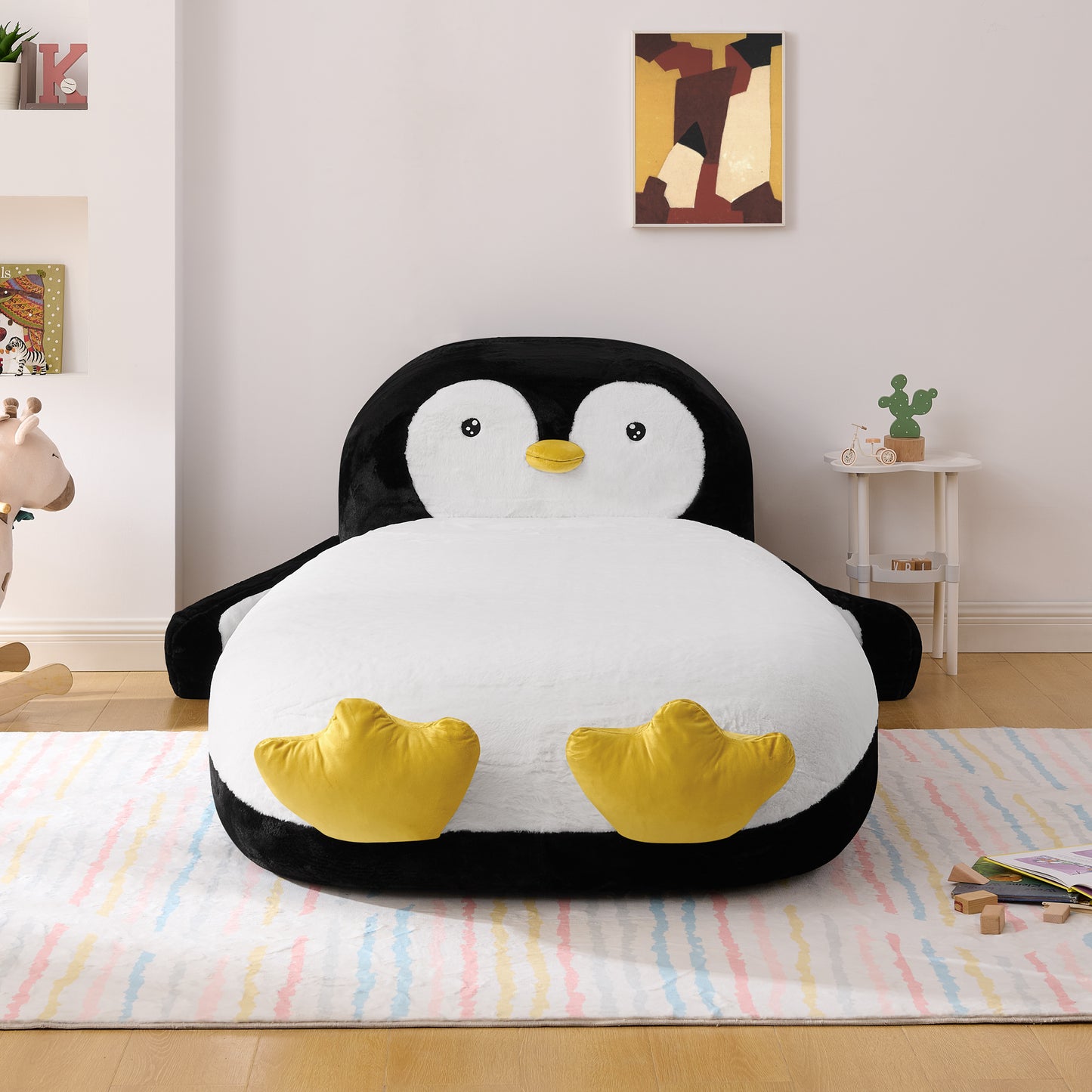 Twin Size Fluffy Faux Fur Penguin Shaped Bed Lounger Chair with 100% Sponge Filling for Kids Bedroom Playroom (88''x45''x29.5'') image 3