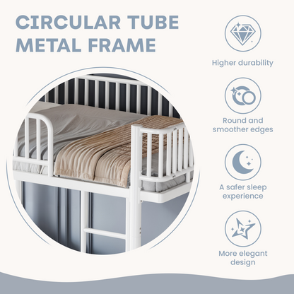 Queen over Queen Bunk Bed with Ladders & Guardrails, Metal Bunk Bed Frame with Upgraded Safety Round-Pipe Design, Can Transformed into 2 Platform Bed, White image 6