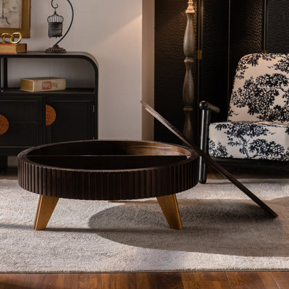 39.37" Retro Round Coffee Table with Storage Space, Suitable for Living Room and Office, Brown image 5