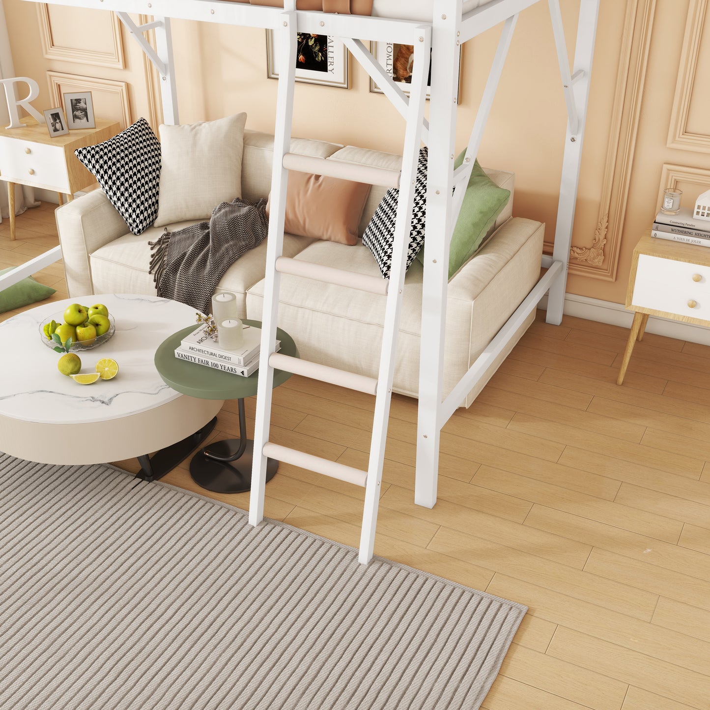 Queen Size Loft Bed with Ladder, Metal Queen Loft Bed with Storage Shelves, High Loft Bed for Kids Teens, White(Expect Arrival Date 2025/12/3 Old SKU W2580P351278) image 5