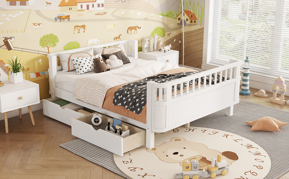 Full Size Wood Platform Bed for Kids, Wood Low Profile Full Bed with Rails for Girls and Boys, White (Old SKU W2593P331684) image 6