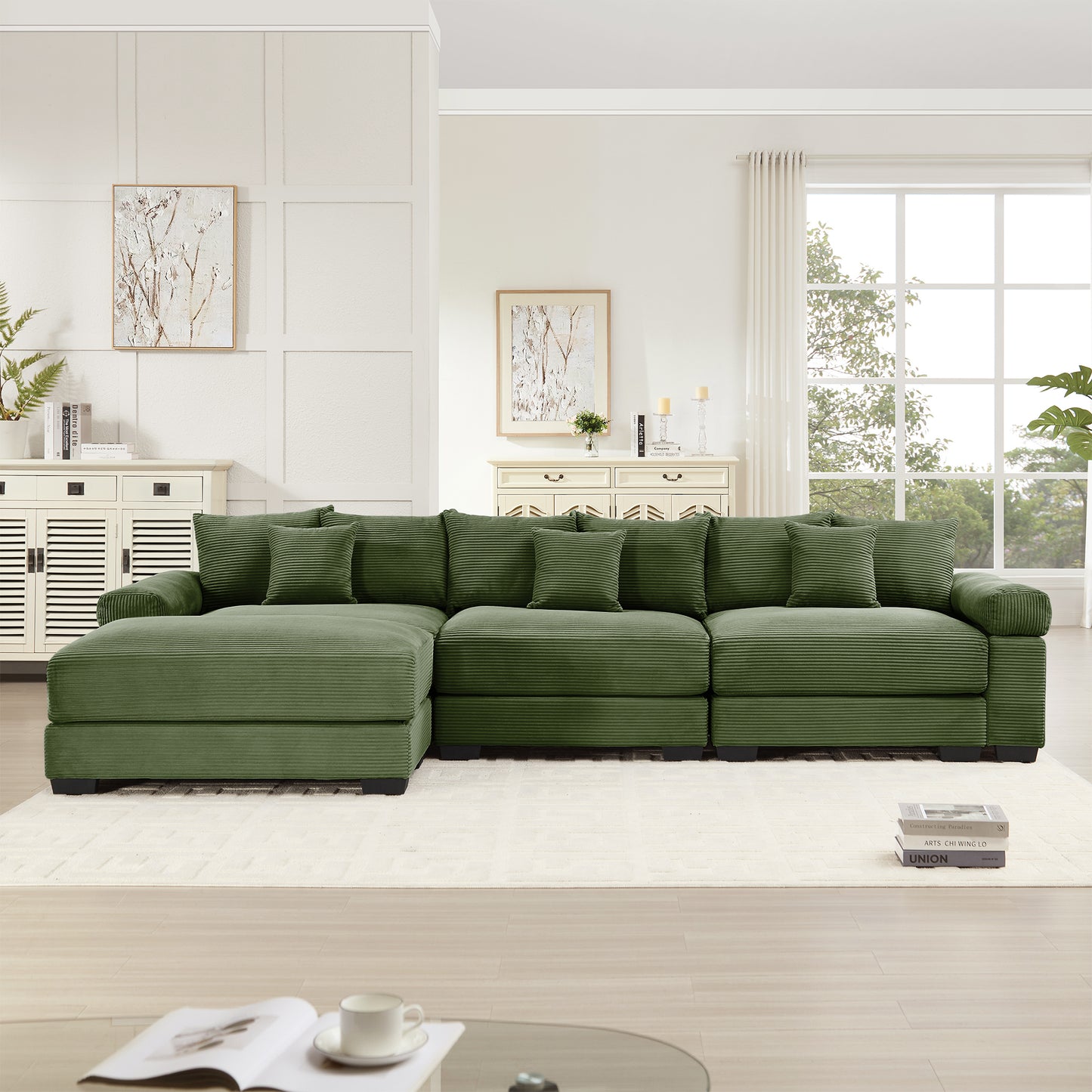 130" Oversized Cloud Modular L-Shape Sectional Couch,Soft Corduroy Fabric,With An Ottoman,Deep Seat Wide Armrest Ergonomic Design 9 Pillows Easy Assembly,For Living Rooms bedroom,Green image 2