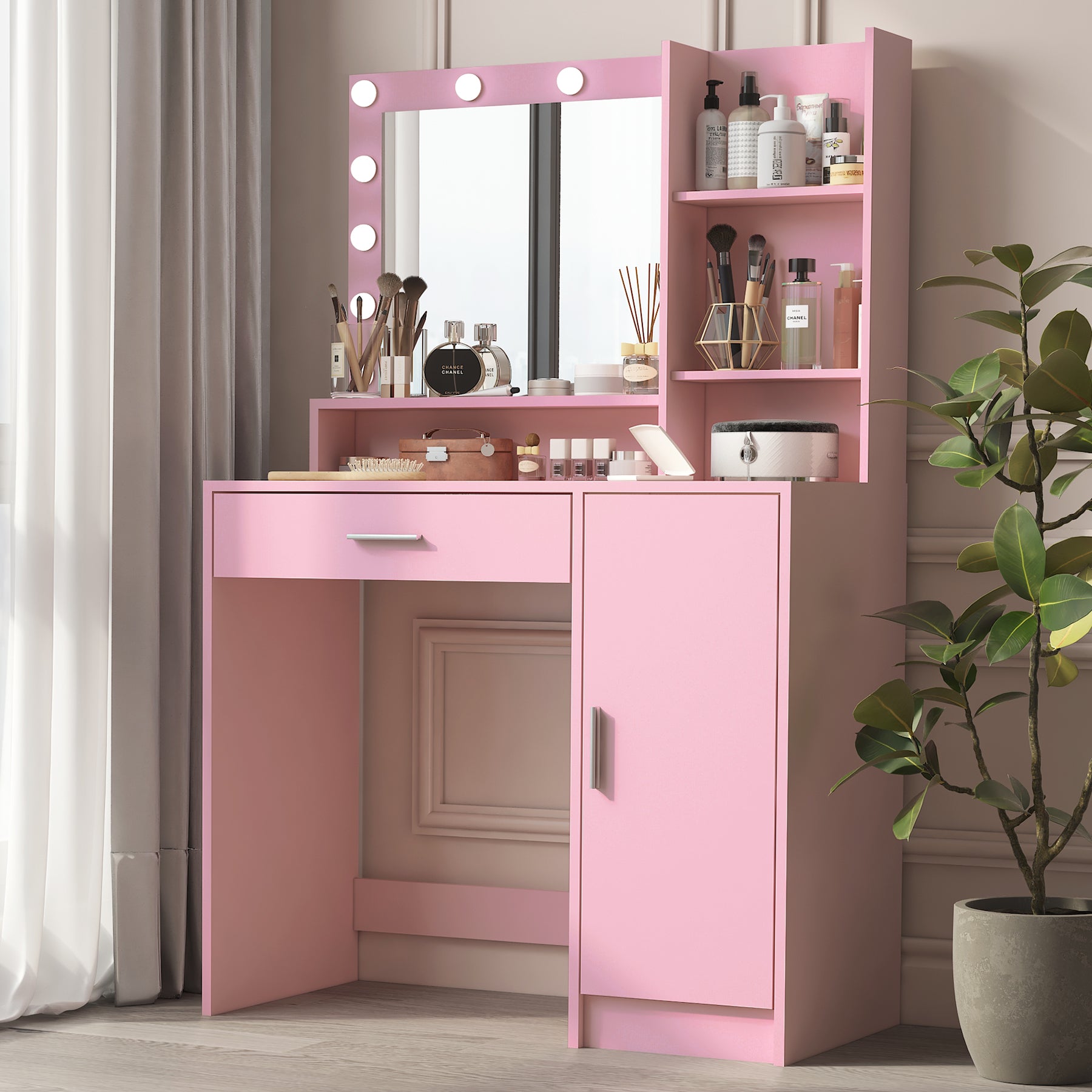 Vanity Desk with Mirror & Light, Large Drawer Three Level Storage Dresser, 3 Lighting Modes Adjustable Brightness, Bedroom Dressing Table(Pink) image 9