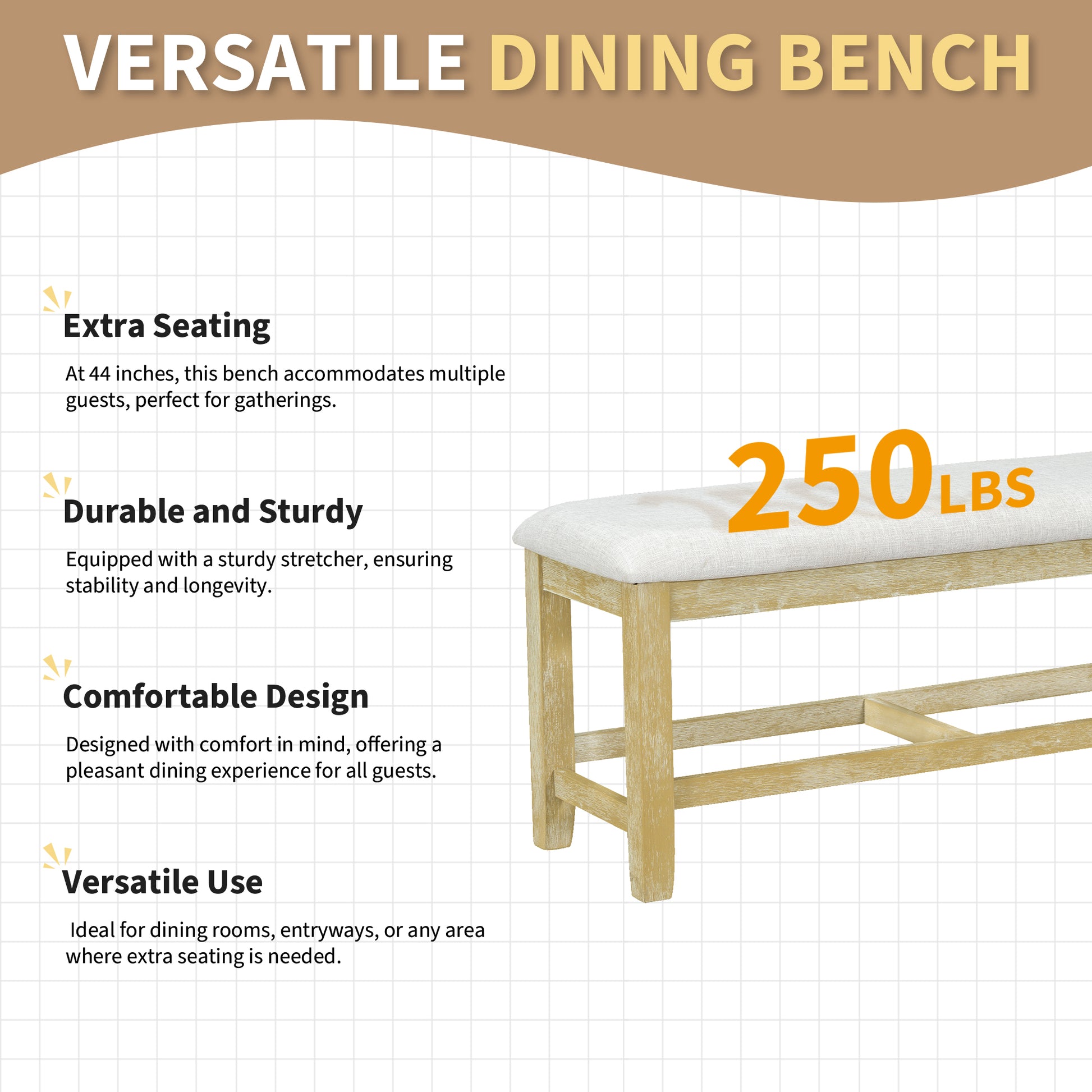 TOPMAX Farmhouse 6-Piece 60inch Extendable Pedestal Dining Table Set with 18inch Removable Leaf, 44inch Bench and 4 Ladder Back Dining Chairs, Natural+Beige(OLD SKU:SP000060AAA) image 7