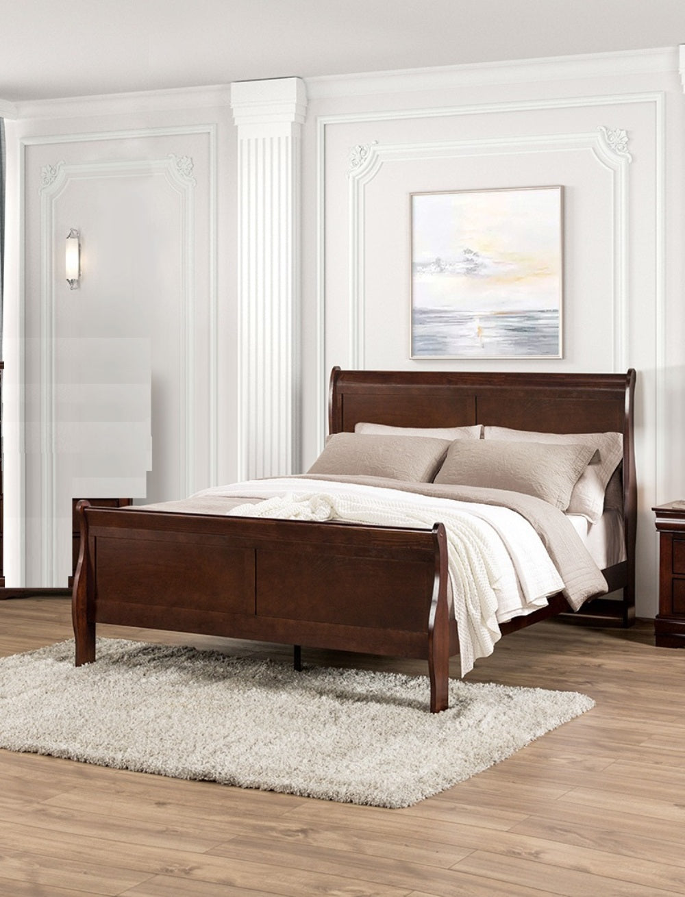 Dark Cherry Sleigh Design 1pc Queen Size Bed Bedroom Furniture Louis Phillipe Bed Bracket Feet Wooden image 2