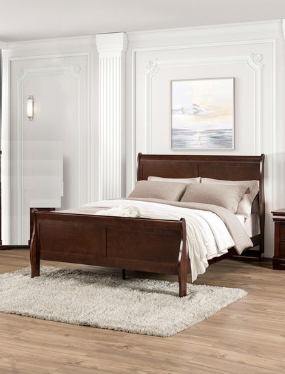 Dark Cherry Sleigh Design 1pc Queen Size Bed Bedroom Furniture Louis Phillipe Bed Bracket Feet Wooden image 2