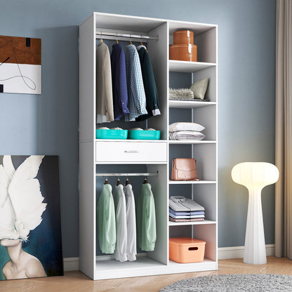 Freestanding Closet System, Stand-Alone Wardrobe with 6 open Shelves,74.8'' Heigh Closetwith 1 Wood Drawers, Wood Walk-in Closet with 2 Hanging Rod, White image 2