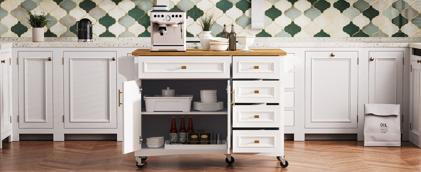 K&K 52'' Kitchen Island with Drop Leaf, Embossed Texture Kitchen Island on Wheels with Spice Rack, Towel Rack, 2 Doors and 5 Drawers, Kitchen Storage Cart with Adjustable Shelf for Kitchen, White image 9