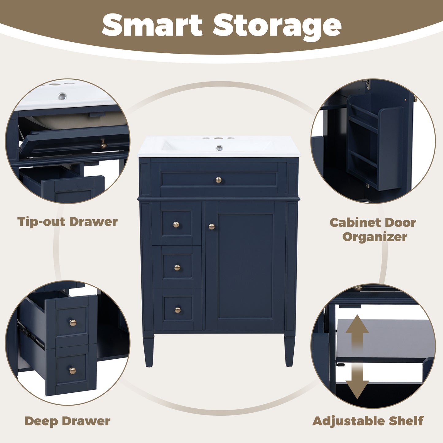 24'' Bathroom Vanity with Top Sink, Modern Bathroom Storage Cabinet with 2 Drawers and a Tip-out Drawer, Single Sink Bathroom Vanity image 5