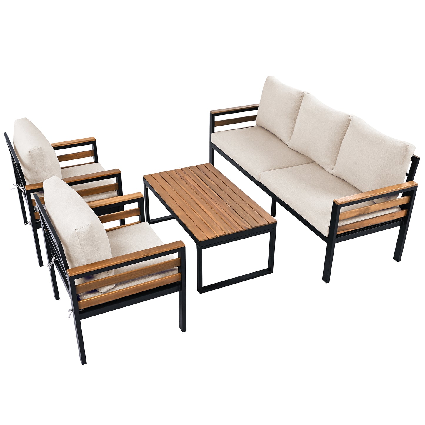<Old SKU: N704G201246A> GO 4-Piece Outdoor Furniture Sofa Set for 5 People with Acacia Wood Armrests, Patio Conversation Set with Removable Cushion and Solid Wood Coffee Table for Garden,Beige image 11