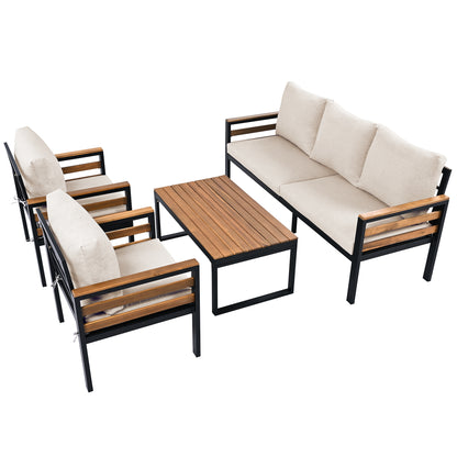 <Old SKU: N704G201246A> GO 4-Piece Outdoor Furniture Sofa Set for 5 People with Acacia Wood Armrests, Patio Conversation Set with Removable Cushion and Solid Wood Coffee Table for Garden,Beige image 11