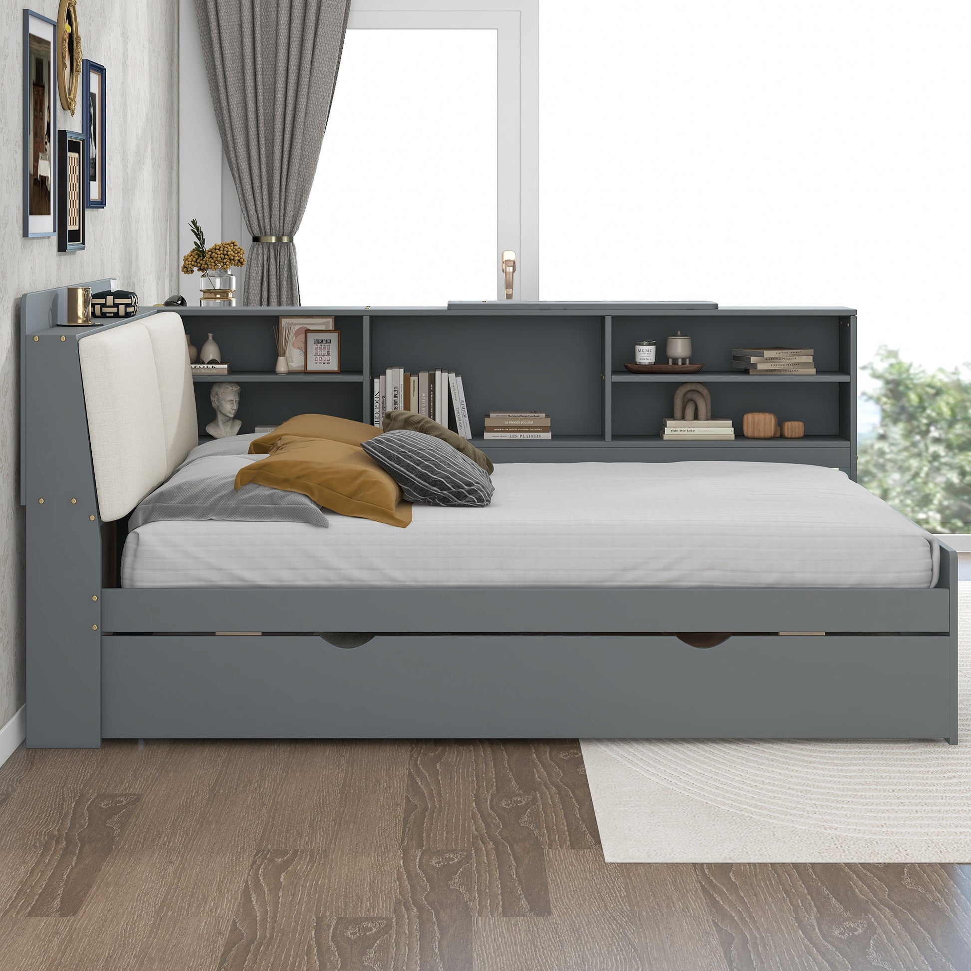 Wood Full Size platform bed with Trundle, Shelves and Storage Headboard, Gray image 4