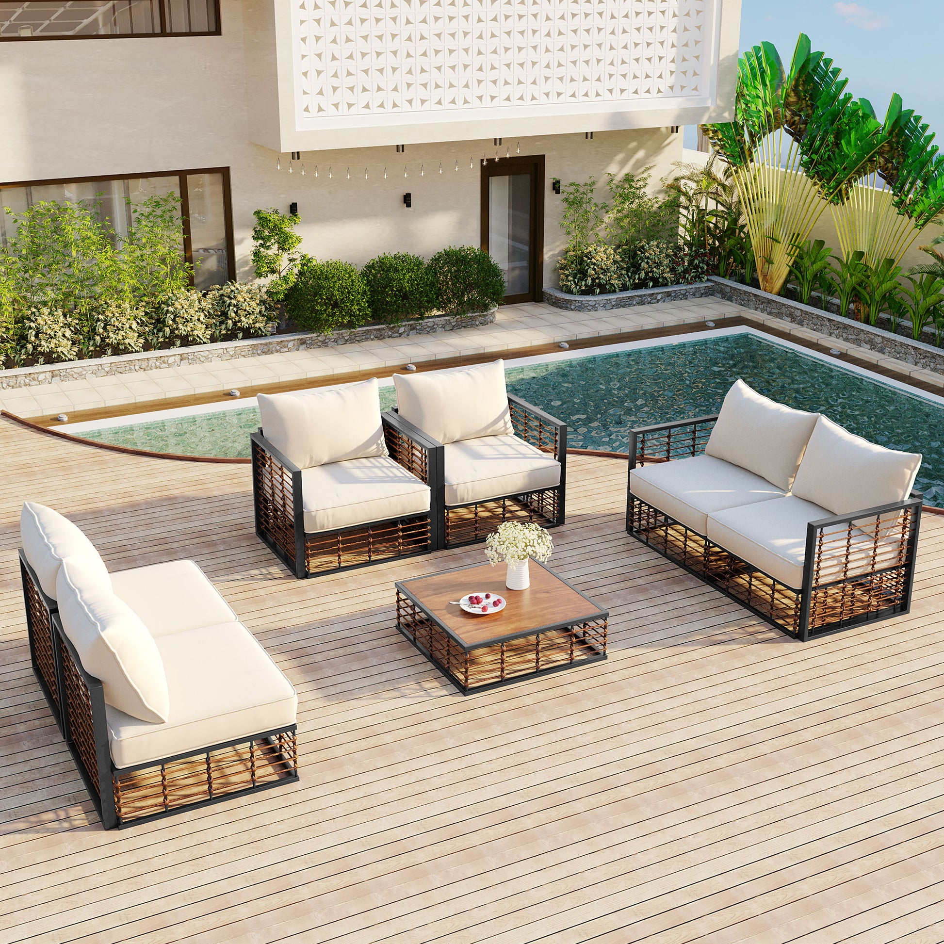 TOPMAX Modern Minimalist 7-Piece Metal Patio Sectional Sofa Set, All-Weather Garden Conversational Furniture Set with Thick Cushions and Coffee Table for Indoor Outdoor, Dark Grey image 12