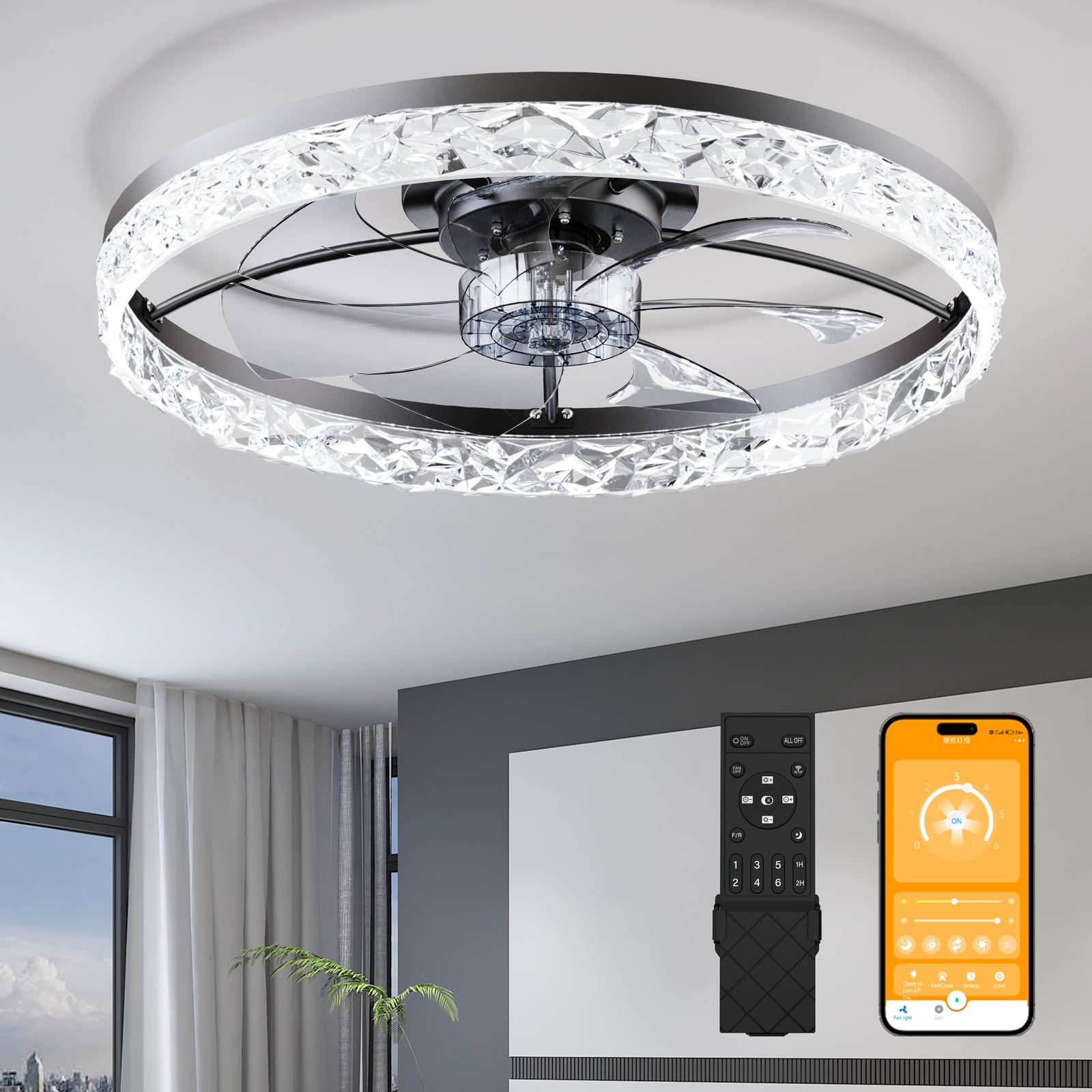 23.6" Ceiling Fans with Lights Remote and APP Control, Dimmable 3-Color and 6-Speed quiet DC Motor, BLACK Ceiling Fan for Bedroom Living Room image 1