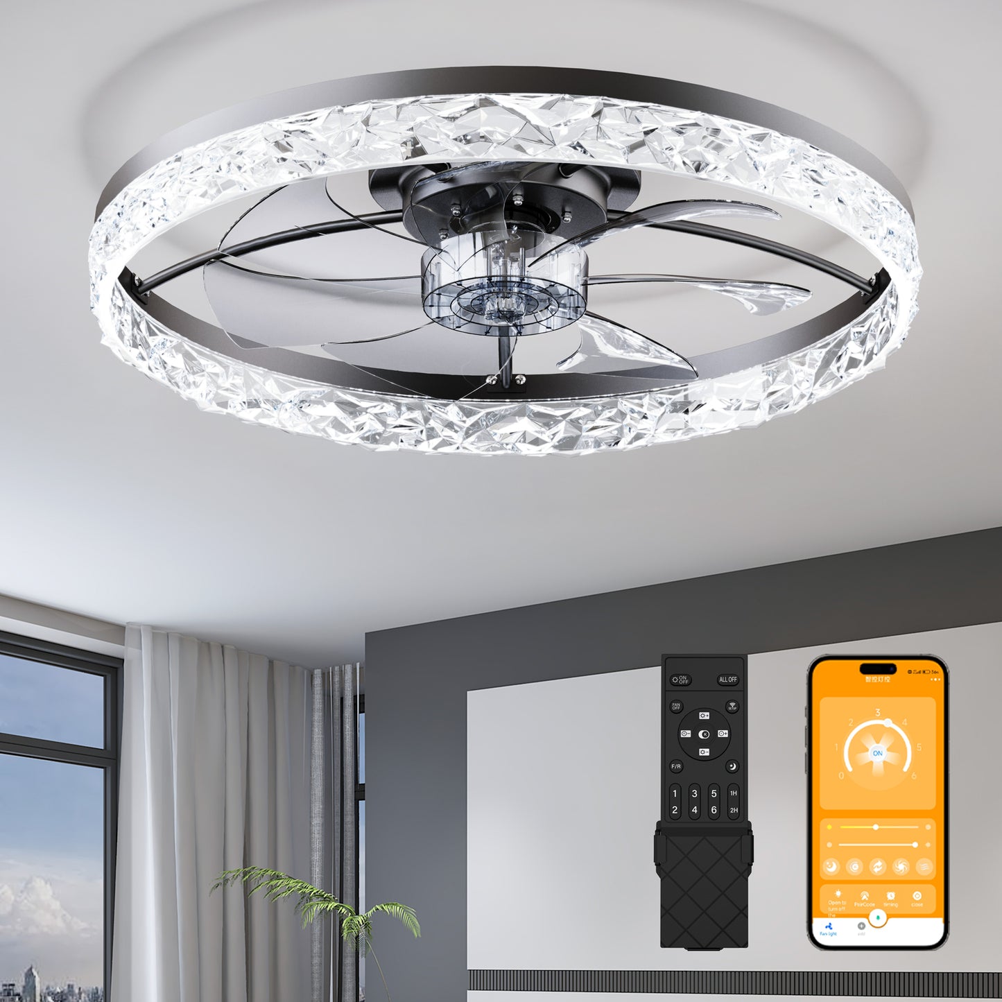 23.6" Ceiling Fans with Lights Remote and APP Control, Dimmable 3-Color and 6-Speed quiet DC Motor, BLACK Ceiling Fan for Bedroom Living Room image 1