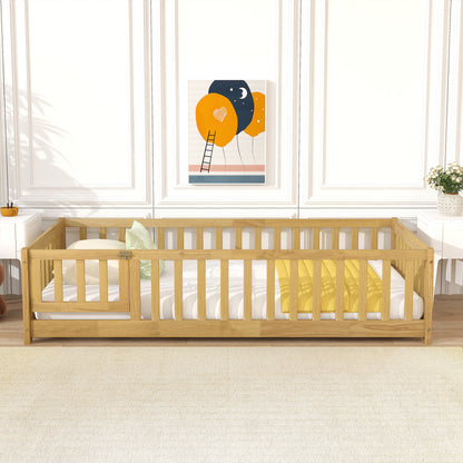 Twin Size Floor Bed with Fence and Door,Rubber Wood Floor Bed with Safety Guardrails,Natural (Old Sku W504P296778) image 1