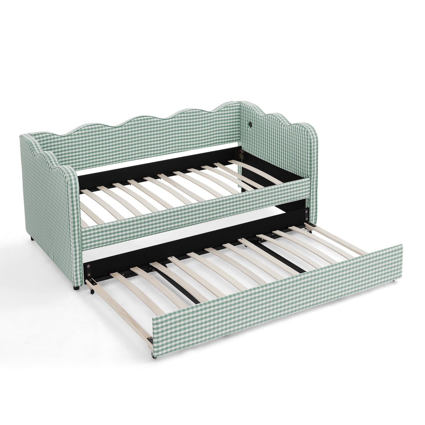 Cozy Gingham Daybed with Trundle Twin Size Sofa Bed No Box Spring Needed, with USB Port and Adorable Wave Shaped, Linen Fabric image 7