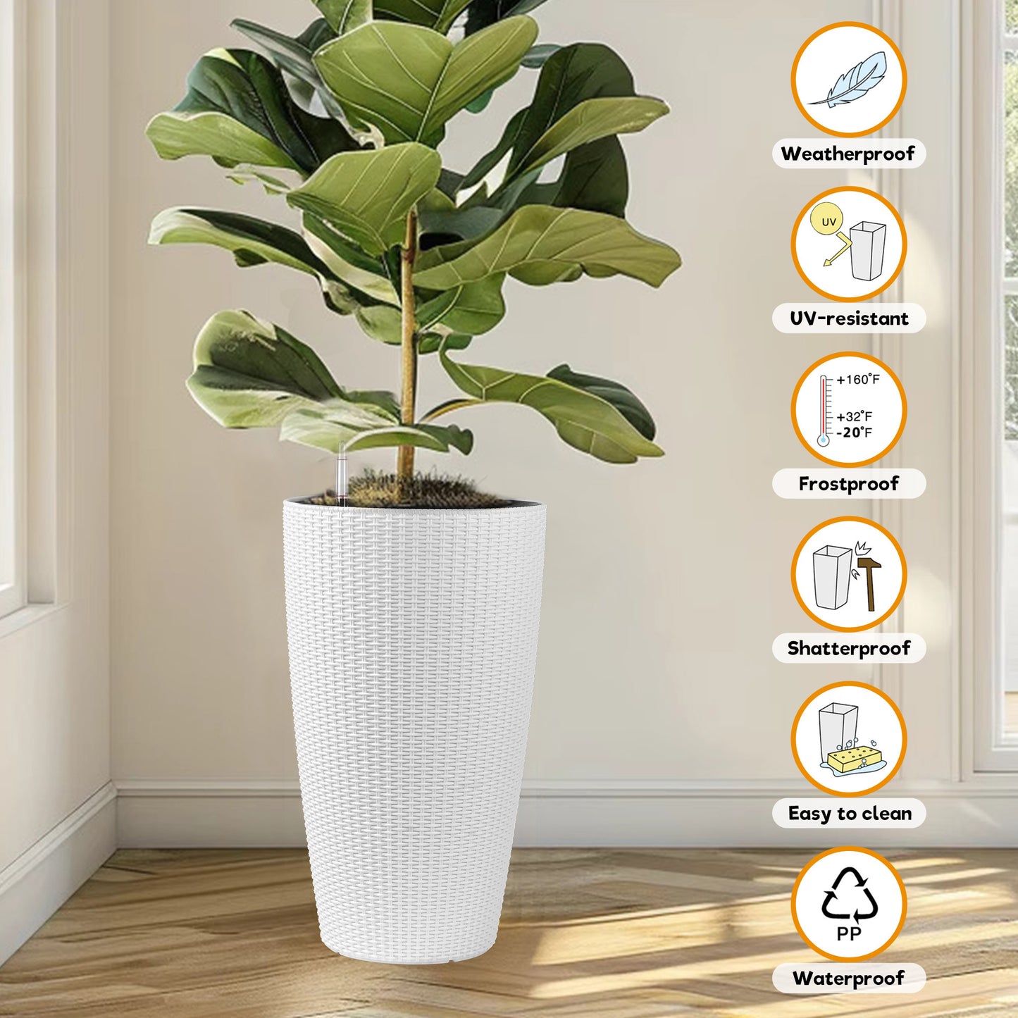 Set of 2 Faux Rattan Tall Planters Outdoor Indoor Large Planters with Water Level Monitor Inner Bucket, Automatic Watering, Flower Plant Pots for Garden, Patio, Porch, Backyard (White, 22 inch) image 7