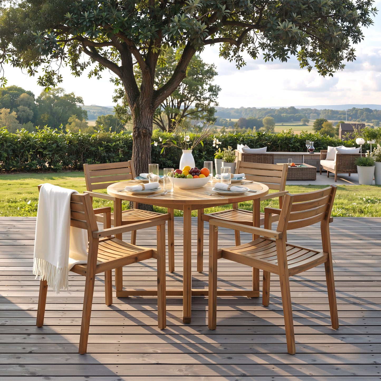 U_STYLE 5-Piece Outdoor Dining Set with 4 Acacia Wood Chairs,47.2" Round Dining Table with Slatted Design, Ideal for Patios, Gardens, Poolsides, and Lawn Areas & Indoor image 1