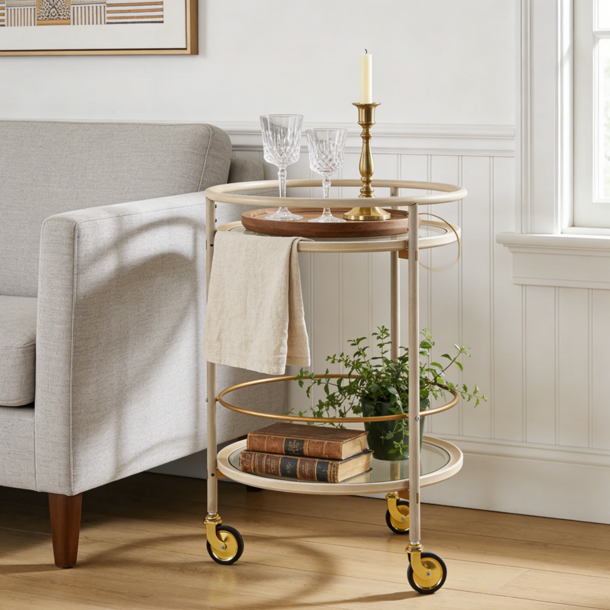 Round Bar Cart with Tempered Glass Shelves and Gold Accents,Distressed White Finish image 1